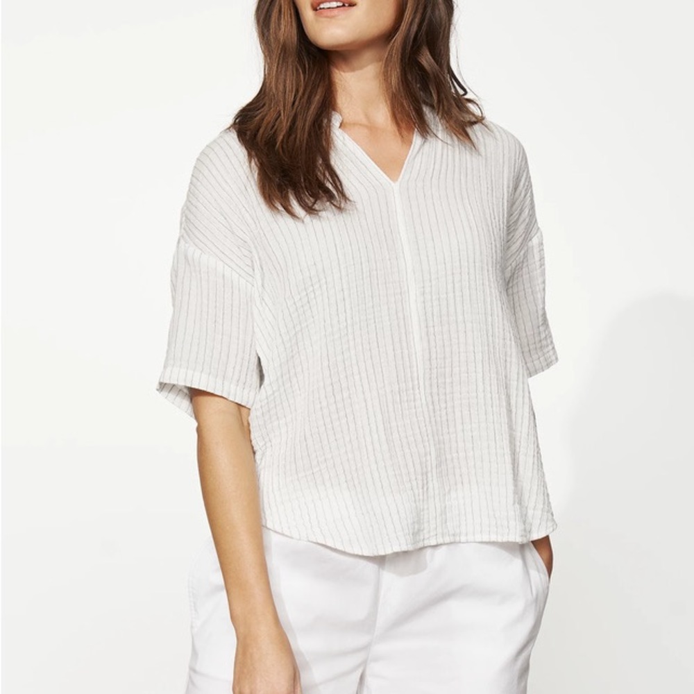Organic Cotton Gauze Striped Stand Collar Top